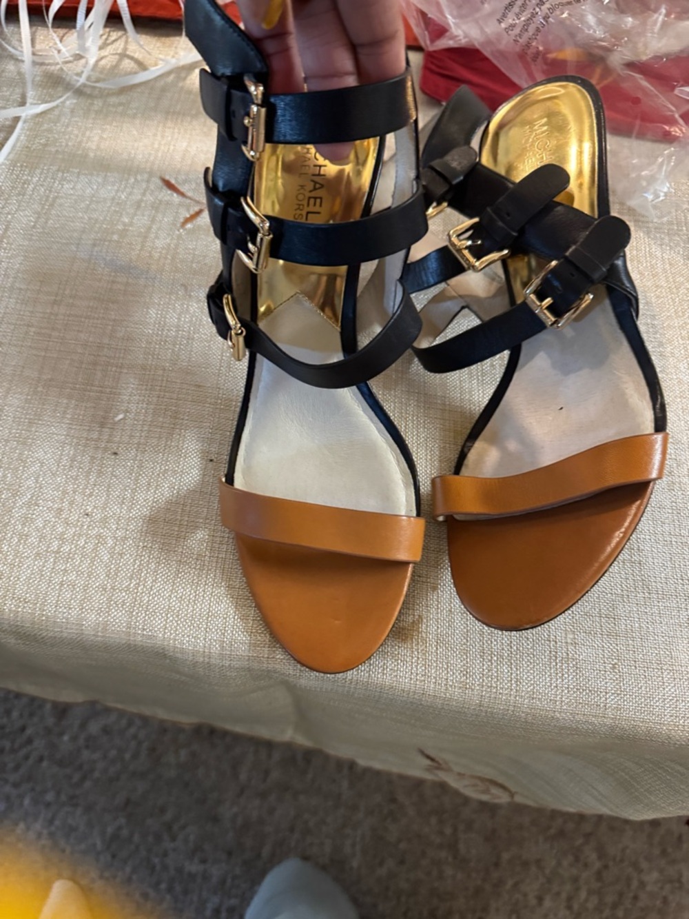 Michael Kors Black and Tan Strappy Flat Sandals with Gold Buckles